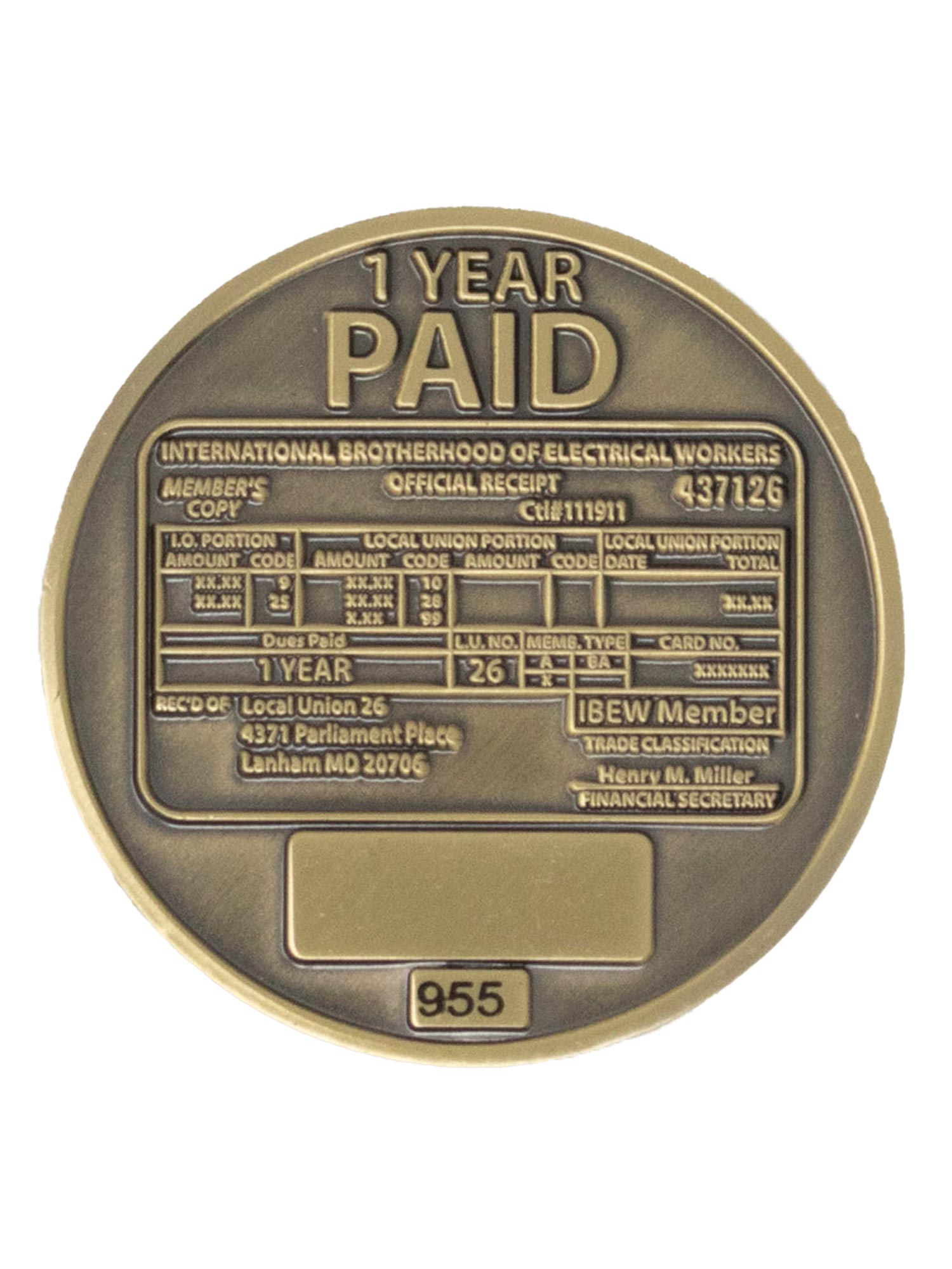 IBEW 26 Challenge Coin 1 Year Paid - Backside